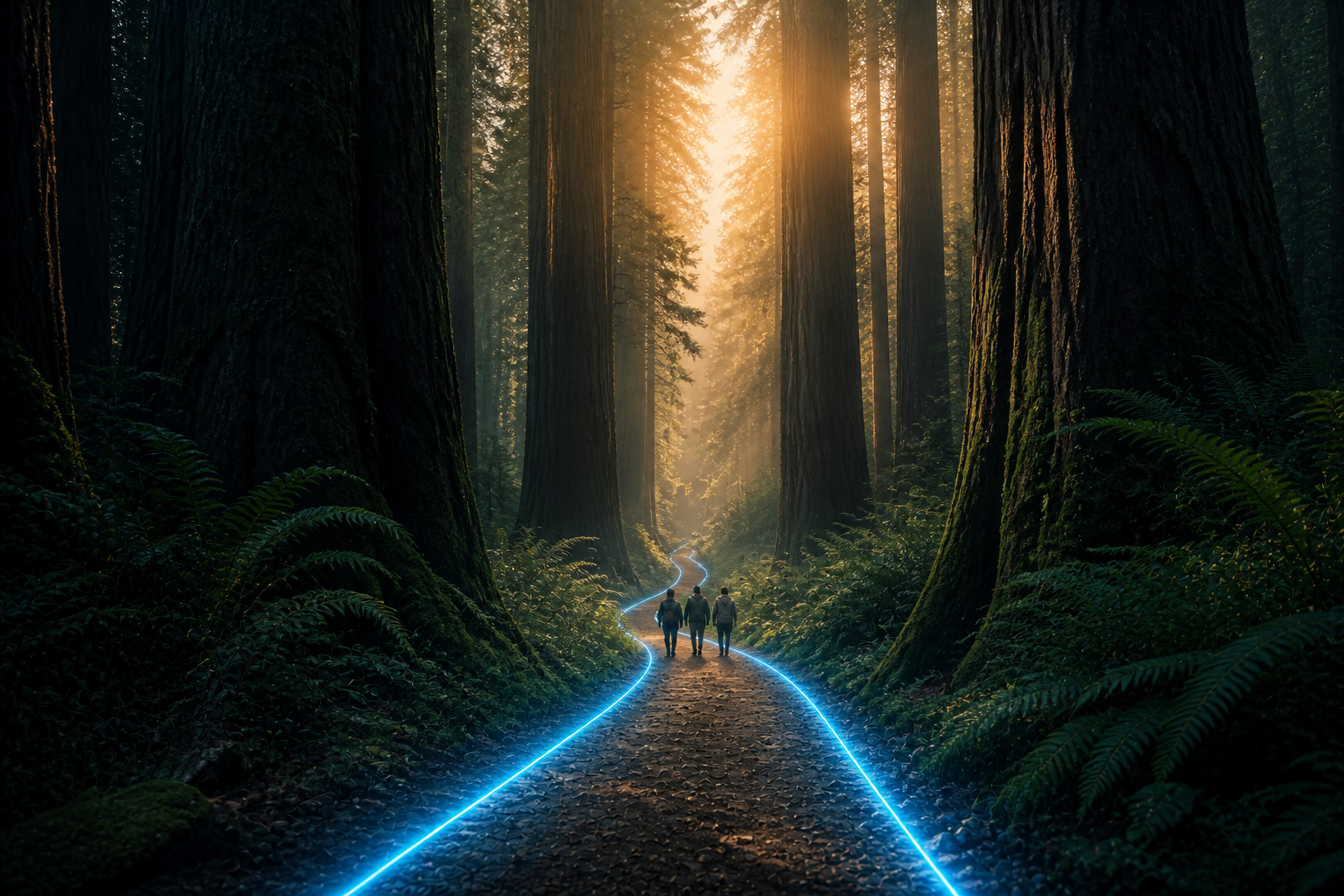Ruta digital iluminada atravesando un bosque de árboles gigantes