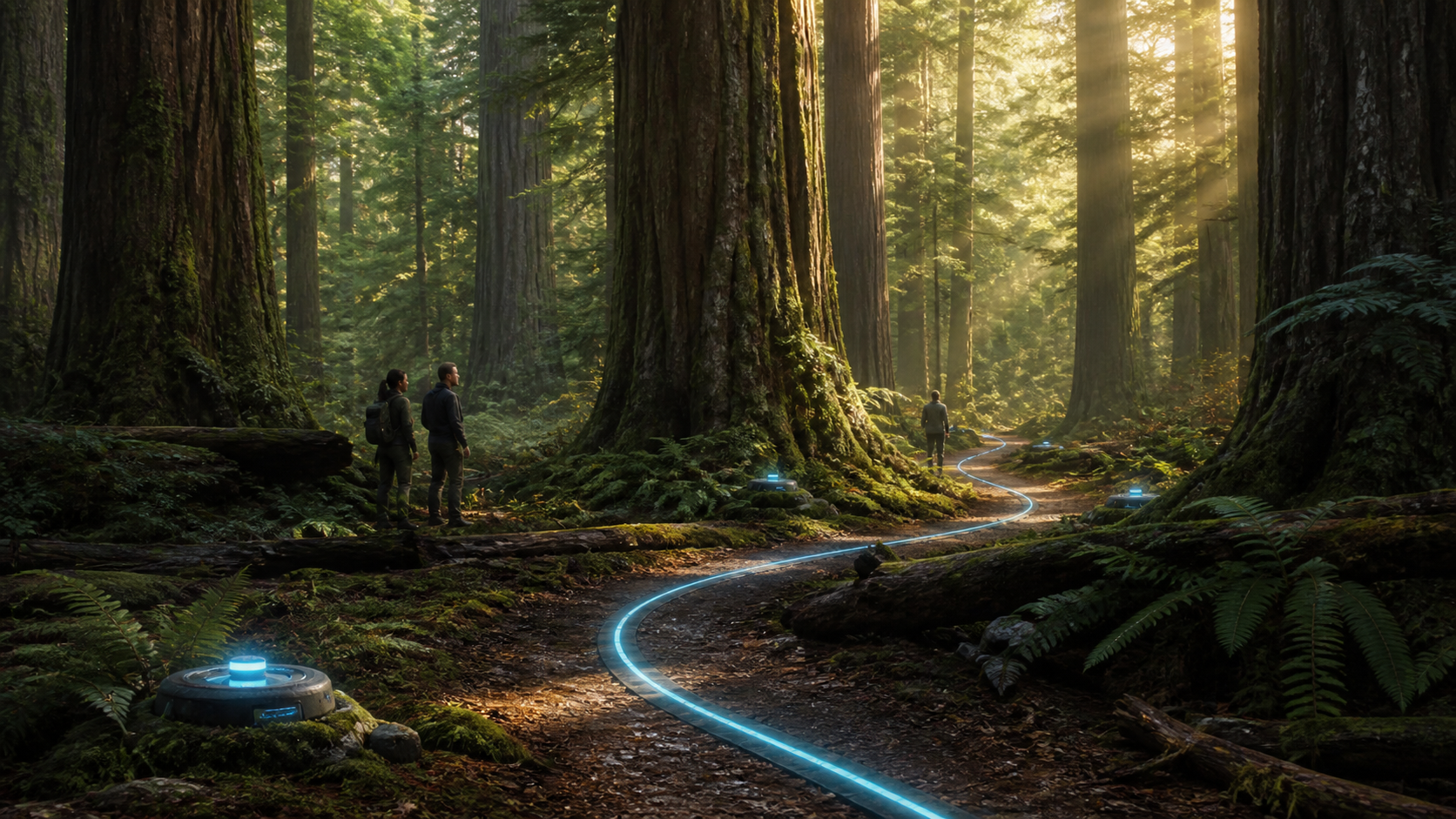 Ruta digital iluminada conectando nodos tecnológicos a través del bosque