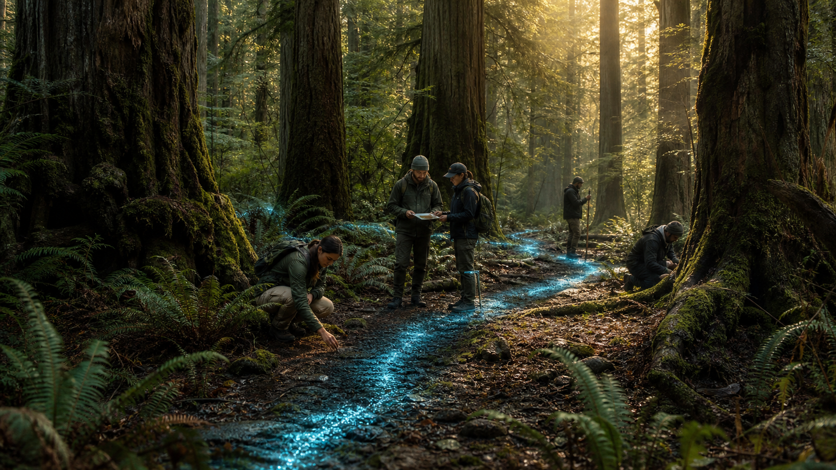Personas construyendo una ruta digital iluminada entre árboles gigantes