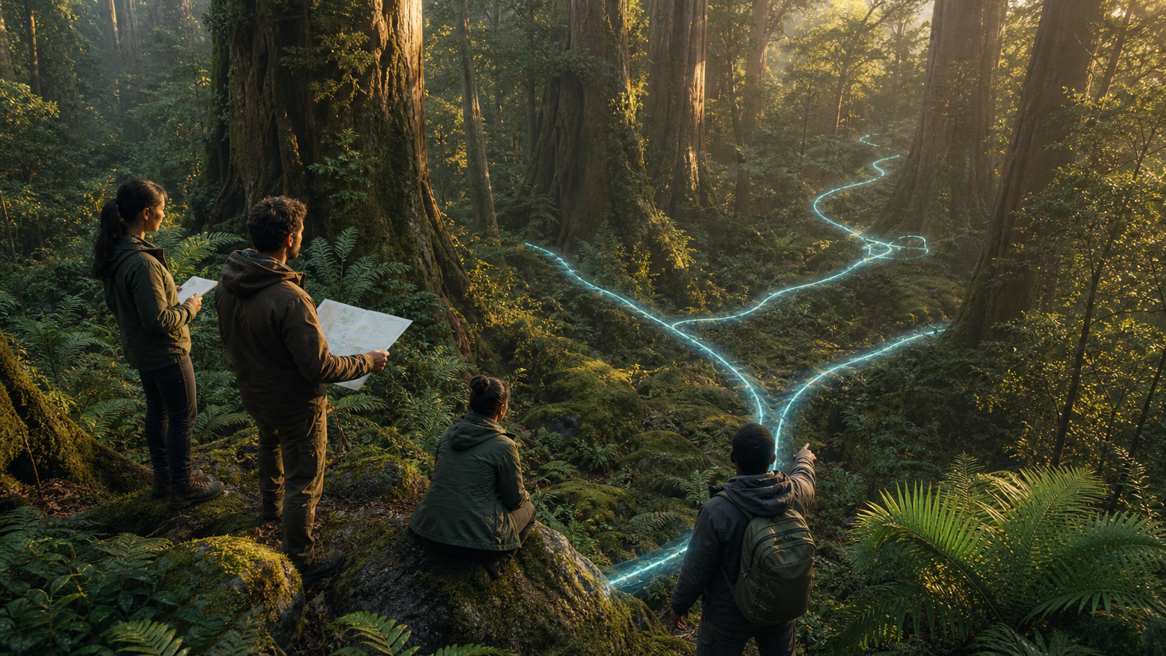 Personas diseñando el trazado de una ruta luminosa en el bosque