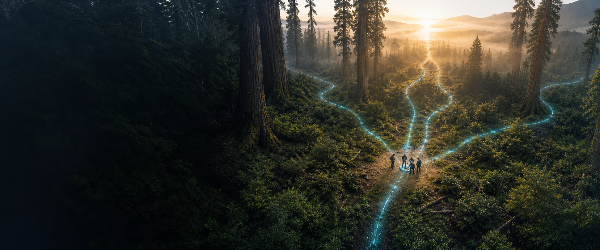 Rutas digitales iluminadas convergiendo en un bosque de árboles gigantes