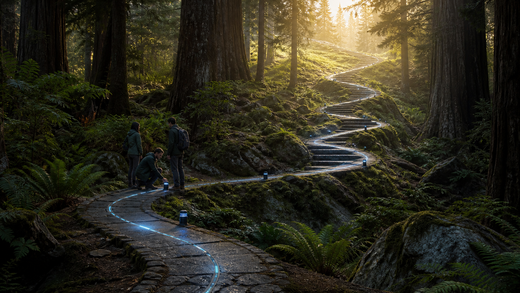 Ruta digital optimizada que asciende entre árboles hacia un horizonte luminoso