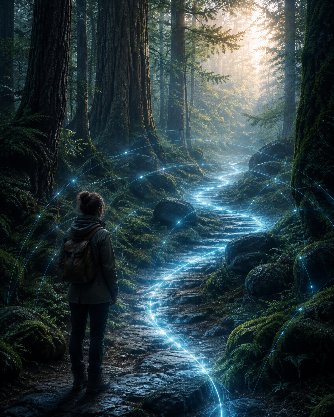 Una persona observa una ruta digital protegida en el bosque